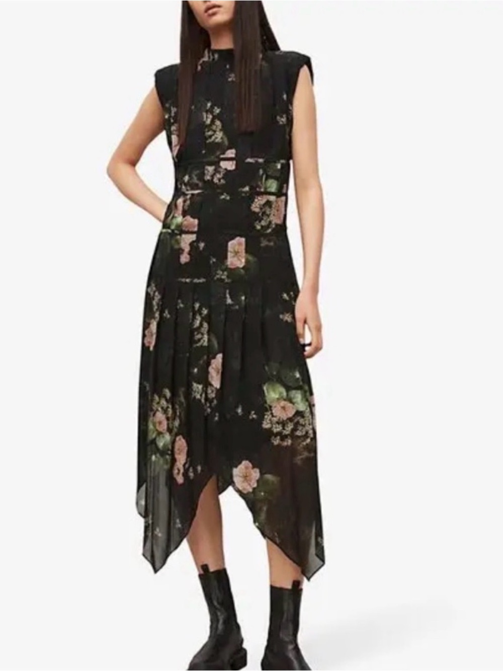 ALLSAINTS Coco Asago-Print Recycled-Polyester Midi Dress Black